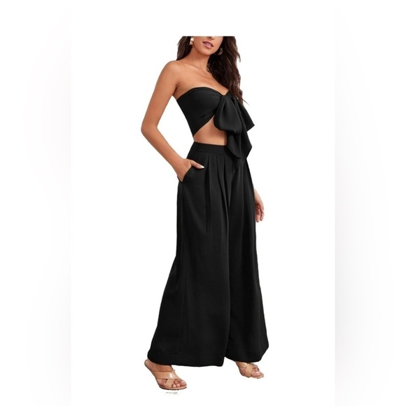 Solid Tie Front Crop Tube Top & Fold Pleated Wide Leg Pants For Summer - Picture 2 of 3